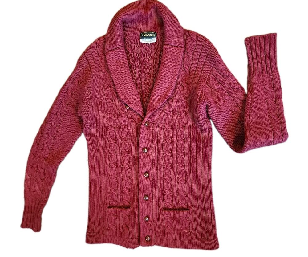 Vintage 80s Fisherman Chunky Wool Cable Knit Button Cardigan Sweater Burgundy